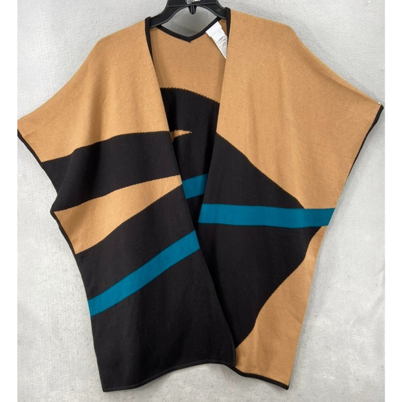 Chicos Poncho Cape Wrap Sz Small / Medium Sweater Tan Black‎ Knit Striped Flowy - Picture 1 of 10